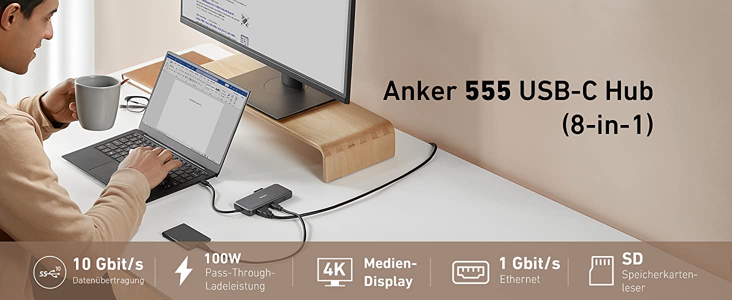 Media Hub Anker USB-C, PowerDelivery, microSD, SD, USB