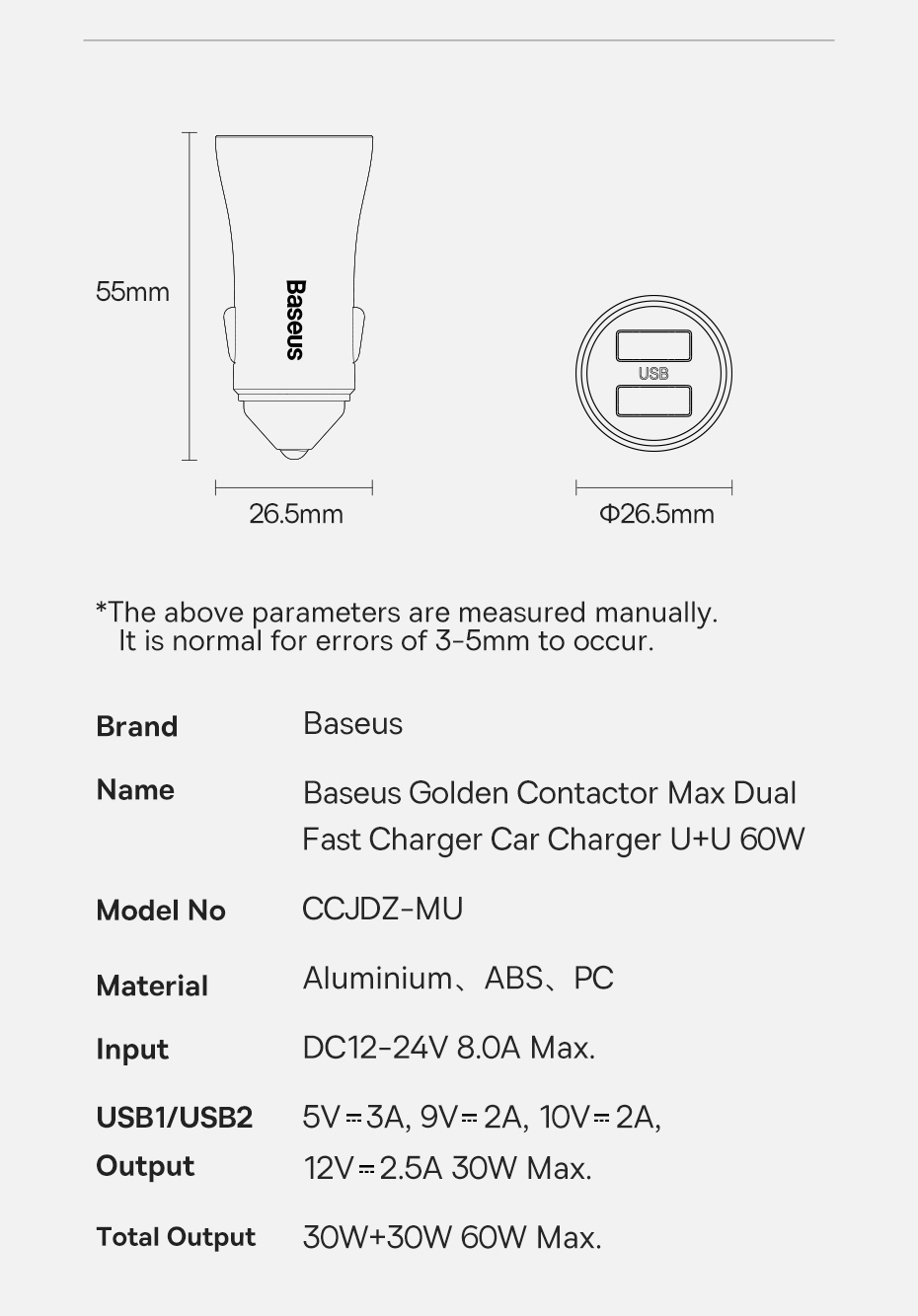 Incarcator rapid auto BASEUS Golden Contactor Max, 2x USB, 60W