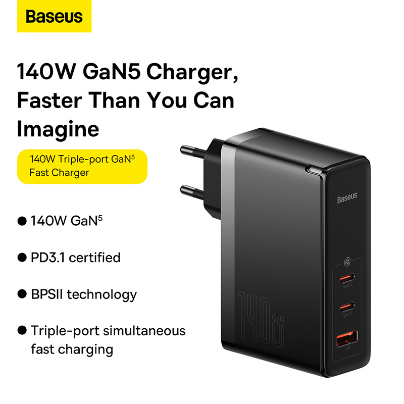 Incarcator rapid Baseus GaN5 Pro 2XUSB-C, 1XUSB, 140W, cablu USB-C inclus